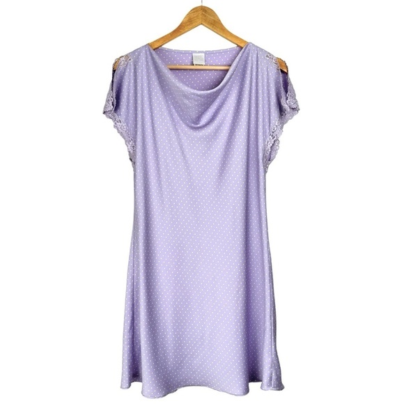 Natori Womens Satin Nightgown Lavender Medium Yellow Polka Dot Cowl Lace Retro - Picture 1 of 11